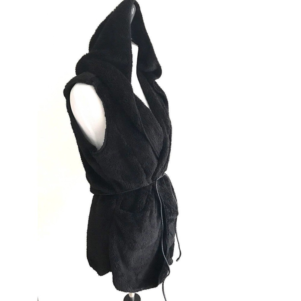 Womens Plush Hooded Sleeveless Sweater Plush Vest Tied Top Size S Black